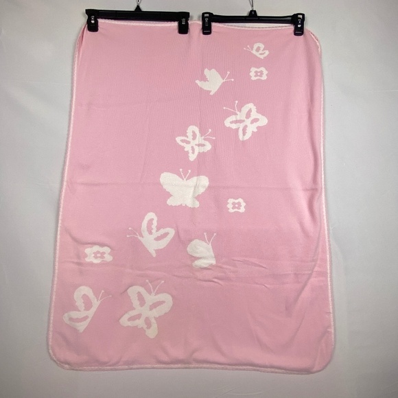 Pottery Barn Kids Knitted Pink Butterfly Blanket 30 X 40"100% Cotton Reversible - Picture 1 of 6